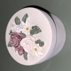 Vintage Mini Jewelry Trinket Dish Pink, Purple Rose & Daisy Hand Painted Plaster
